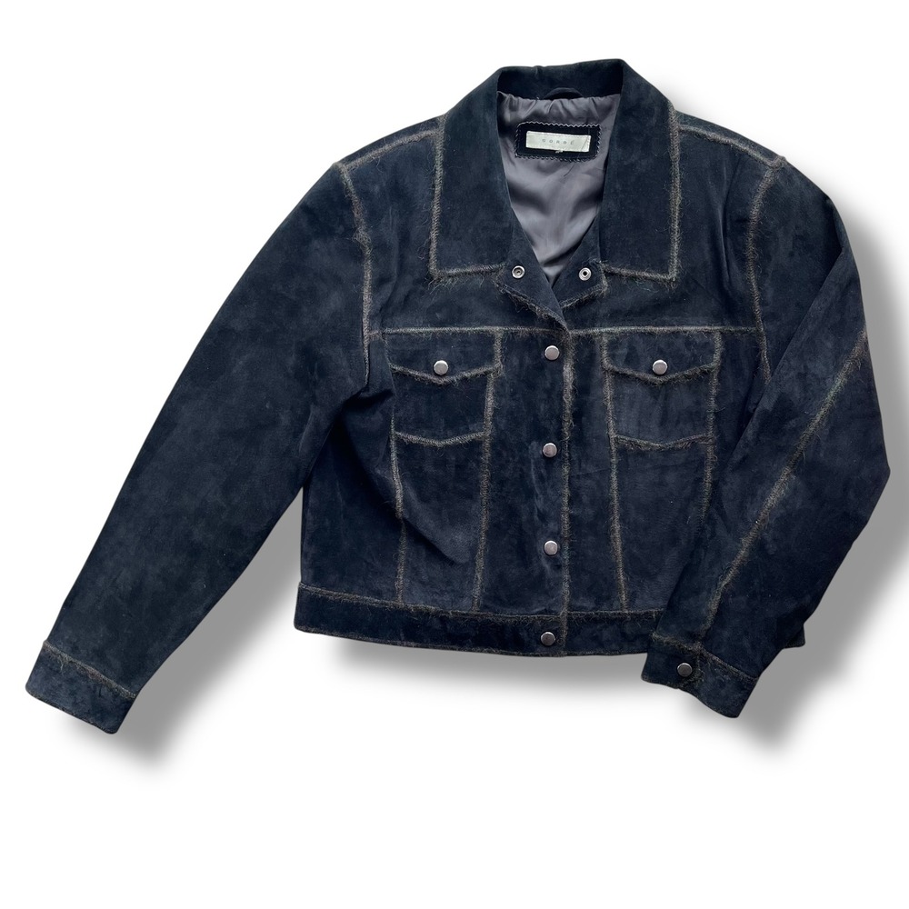 Sorbe Black Suede Leather Exposed Fuzzy Seams Snap Front Trucker Jacket Y2K Moto